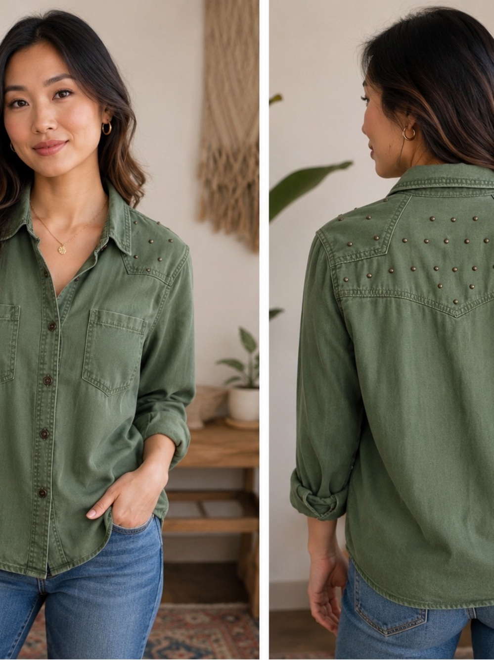 Olive Stud-Detail Utility Button-Up Shirt